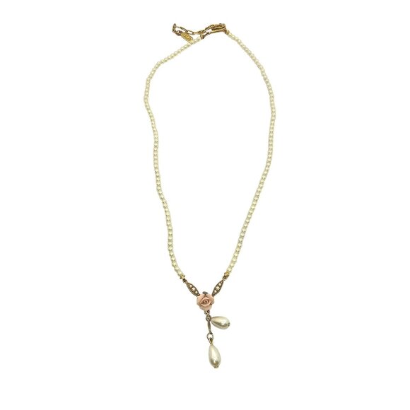 1928 Bridal Porcelain Rose Faux Pearl Necklace & Frosted Glass Brooch Set - Picture 14 of 16